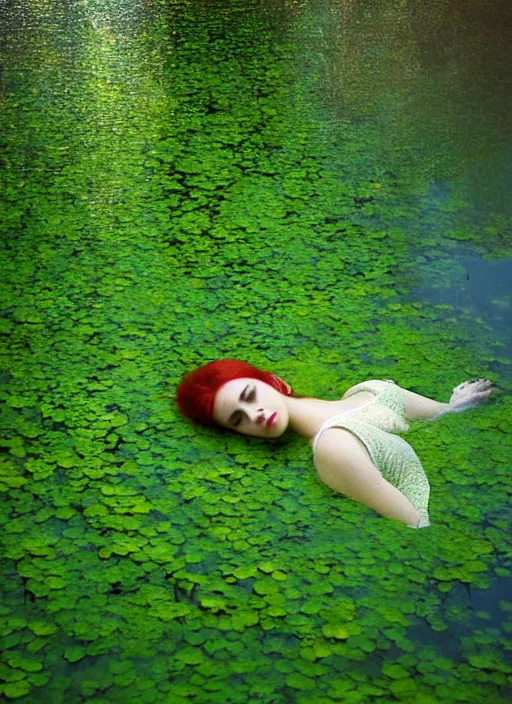 Image similar to lady laying under the river bed amongst the duck weed, underwater shot, submerged, medium shot, on the bed of the river preraphaelite colour photography, 8 k