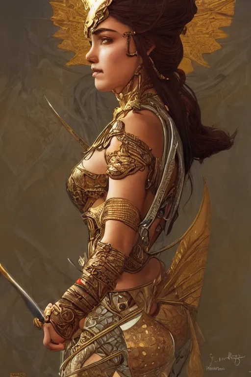 Prompt: a portrait of a anthropomorphic an ancient mesopotamia warrior goddess, D&D, fantasy, intricate, highly detailed, digital painting, artstation, concept art, smooth, sharp focus, illustration, art by artgerm and greg rutkowski and alphonse mucha