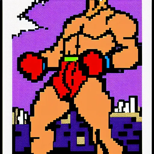 Image similar to full body portrait. 8 bit graphics. antropomorphic muscular masculine wolf, kickboxer fighter, in shorts, in front of destroyed city. wolf head. furr on body. at night. 1 9 8 9