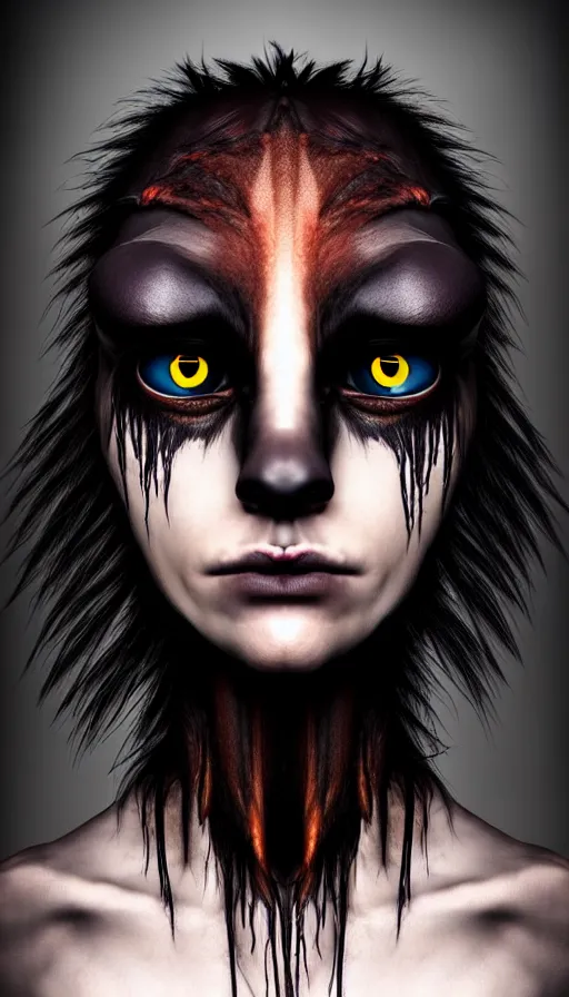 Prompt: epic professional digital art of a human - crow hybrid creature, portrait, human eyes, humanoid crow head, human skin, dark skin, humanoid figure