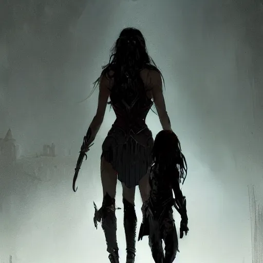 Prompt: gothic concept art by greg rutkowski, wonder woman walking down a barren street with strange creatures watching her from the buildings nearby, enigmatic atmosphere, beautiful and cinematic lighting, artstation hq.