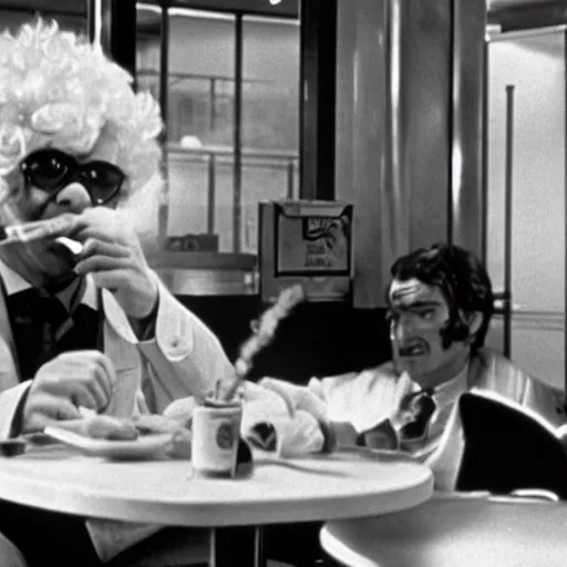 Prompt: A still of Ronald McDonald smoking a cigar in a diner from a gritty 1970s film directed by Martin Scorsese