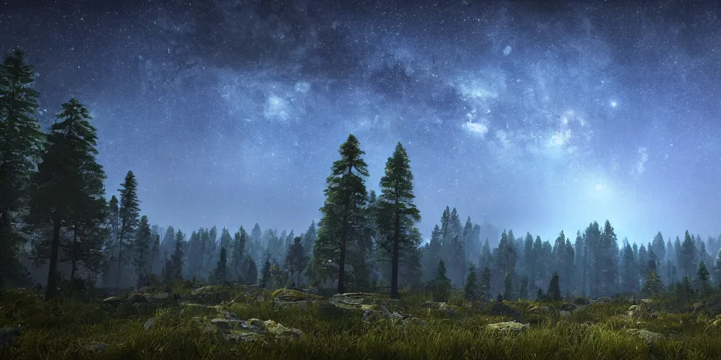 Image similar to epic landscape, forest, clear starry night, 8 k uhd, unreal engine, octane render in the artstyle of kuindzhi