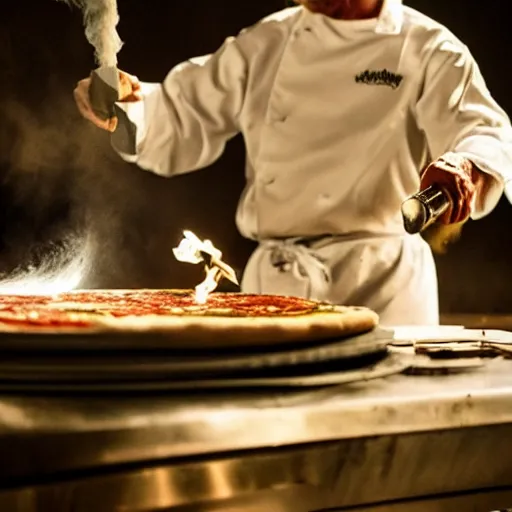 Image similar to walter white making pizza!!! margherita! with a blowtorch!! in the desert, dramatic lighting, movie poster