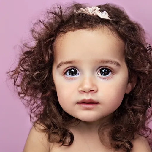 Prompt: a close up portrait of a cute baby with brown eyes and long brown curly hair, award winning photography, ultra high detail, hd, 8k, by Martin Schoeller