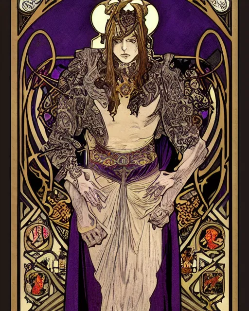 Prompt: tarot card, half - body, the devil, demon male, black and purple robes, beautiful, medieval, super detailed, ornate, by alphonse mucha, stjepan sejic, symmetry, 8 k, sharp focus