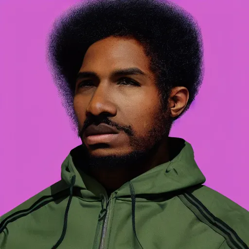 Image similar to low polygon render of a black man with afro hair and raspy bear stubble, wearing an army green adidas jacket, high quality, minimalist