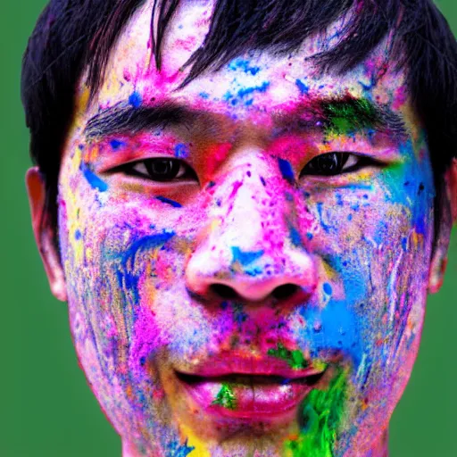 Prompt: a portrait of abstract asian guy's face with full of paint on the face