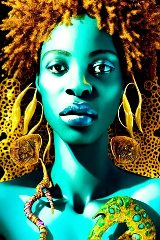 Image similar to hyperrealistic cinematic very expressive! translucent!! african goddess, full body, underwater scene with fish and algae, gold jewerly, highly detailed face, digital art masterpiece, eric zener cam de leon, dramatic pearlescent turquoise light on one side, long shot, low angle uhd 8 k, shallow depth of field