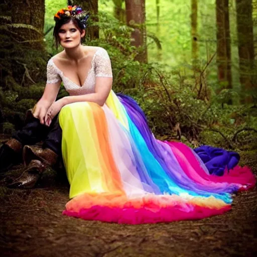 Image similar to picture of gemma arterton wearing a long rainbow wedding gown, sitting in a colorful forest