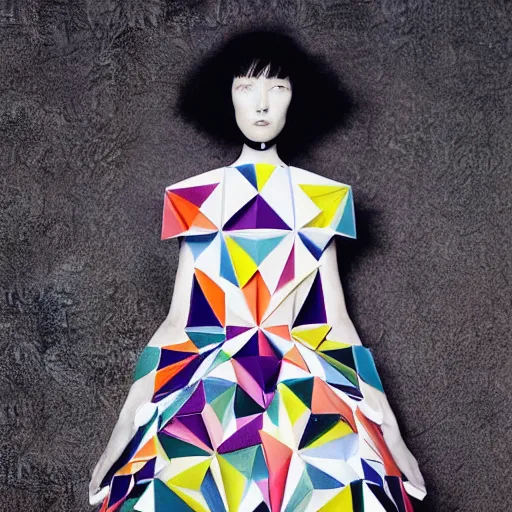 Image similar to portrait of a beautiful model wearing origami themed paper flower and geometric shapes haute couture by issey miyake