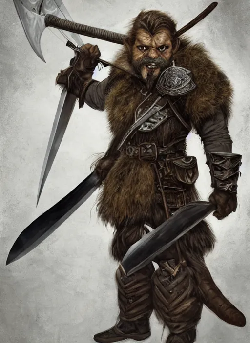 Image similar to strong young man, photorealistic bugbear ranger holding aflaming sword, black beard, dungeons and dragons, pathfinder, roleplaying game art, hunters gear, jeweled ornate leather and steel armour, concept art, character design on white background, by alan lee, norman rockwell, makoto shinkai, kim jung giu, poster art, game art