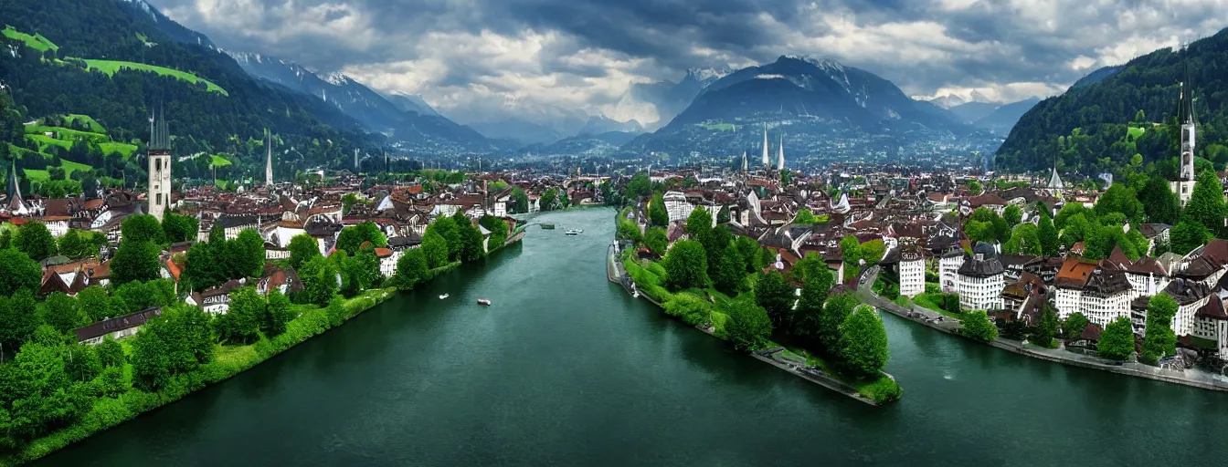 Image similar to Photo of Zurich, looking down the river at the lake and the alps, Hardturm, Grossmünster, wide angle, trees, volumetric light, hyperdetailed, green water, artstation, cgsociety, 8k