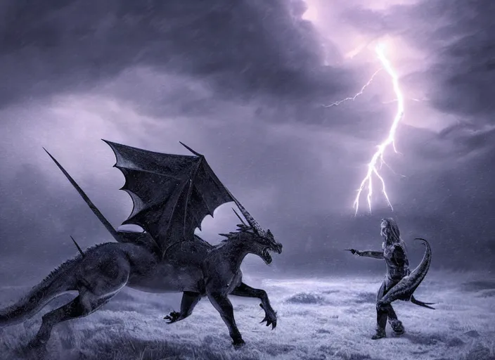 Image similar to unicorn fighting a dragon, beautiful snowy landscape, lightning storm, dramatic lightning, cinematic, establishing shot, extremly high detail, photorealistic, cinematic lighting, epic fight scene, post processed, concept art, artstation, matte painting, style by greg rutkowsky