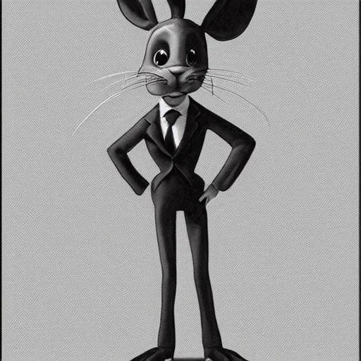Image similar to A extremely highly detailed majestic hi-res beautiful, highly detailed portrait of a scary terrifying creepy cartoon rabbit standing up wearing pants and a shirt in the style of 1960's Walt Disney animation