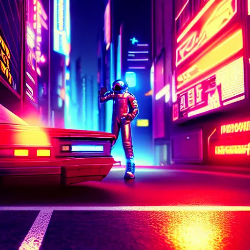 Image similar to professional photo of astronaut on cyberpunk street, synthwave, blade runner, hyperrealistic masterpiece, trending on artstation, cgsociety, kodakchrome, golden ratio, cinematic, composition, beautiful lighting, hyper detailed, sharp focus, octane render, 4 k, unreal engine