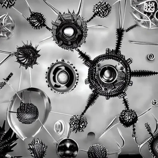 Prompt: Ferrofluid, evil nanobot, organic liquid metal, alien bioweapon, generative technology, mechanical morph engine, gears of death, conspiracy theory, spikes, pins, needles, thorns, nails