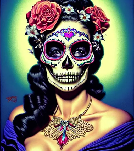 Image similar to a gorgeous fancy skull lady by dan mumford and gil elvgren, sugar skull, hyperrealism, intricate details, exceptional beauty, fool, rasterized