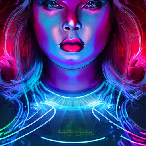 Prompt: full dark face portrait! of a beautiful! woman, 3 0 years, kim wilde like, filled with spiral of numbers neon lights, digits written on foreground, retrowave color scheme, fractal chaotic dark, nebula soft background, by mucha and julie bell, artstation, deviantart, 8 k