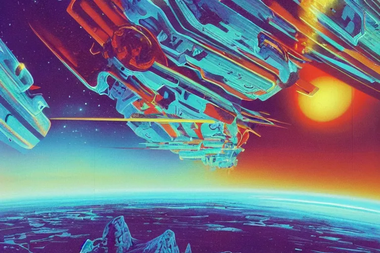 Prompt: an alien landscape, no man's sky, striking, fluid, smooth, bright saturated colours, high contrast, sharpness, very detailed, intricate, by angus mckie, colin hay, stewart cowley, john berkey, wojciech siudmak