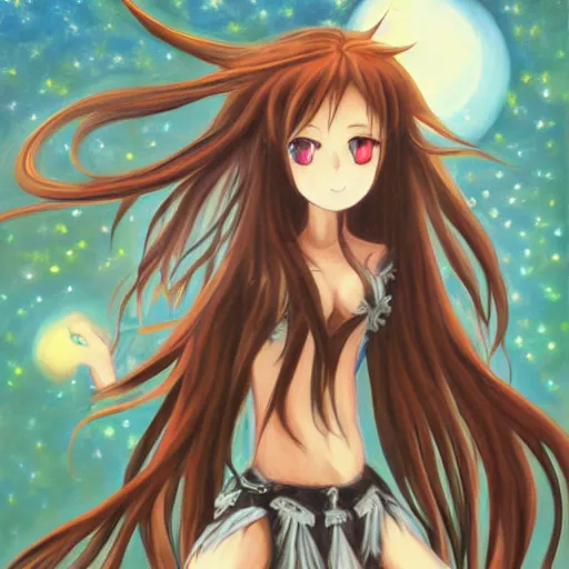 Image similar to oil painting of a long hair anime ELF dancing in the moonlight l Trending on Pixiv