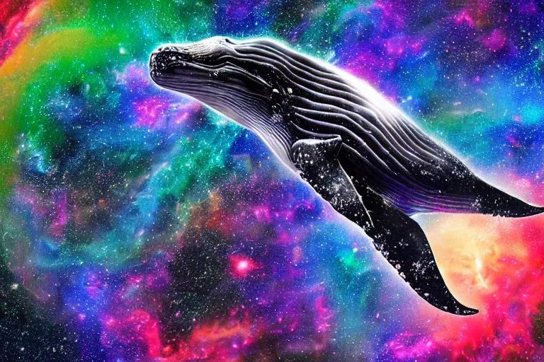 Prompt: a humpback whale made of a cosmic map swimming through a colorful space nebula with a black hole, event horizon, digital art, photorealistic