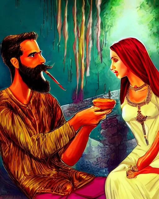 Image similar to chad bearded guy smoking hookah on a date with girl in turkish national dress, acid trip style, artwork, 4 k