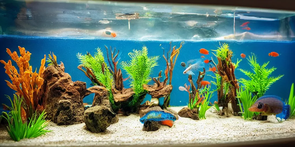 Prompt: fish tank in hospital waiting room. newt. figures clay. plasticine model in water. tilt shift. clay figure. weird. surreal. tropical fish tank with sand. strange. bubbles form pump. hands. tank. siamese fighting fish. aquatic photography. photorealistic. waiting room