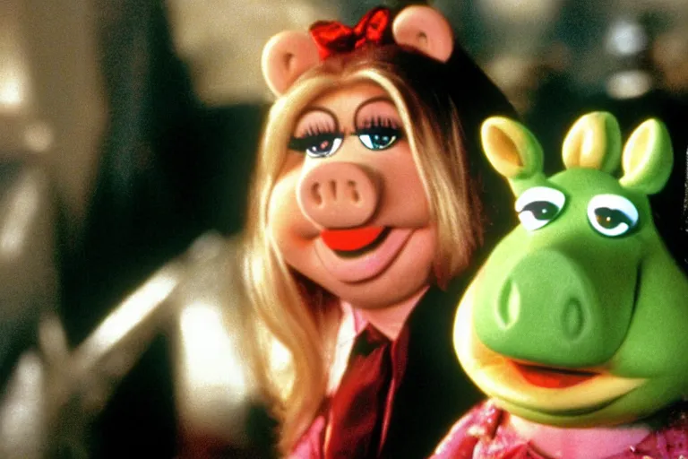Image similar to movie still of miss piggy starring as trinity in the matrix 1 9 9 9 movie