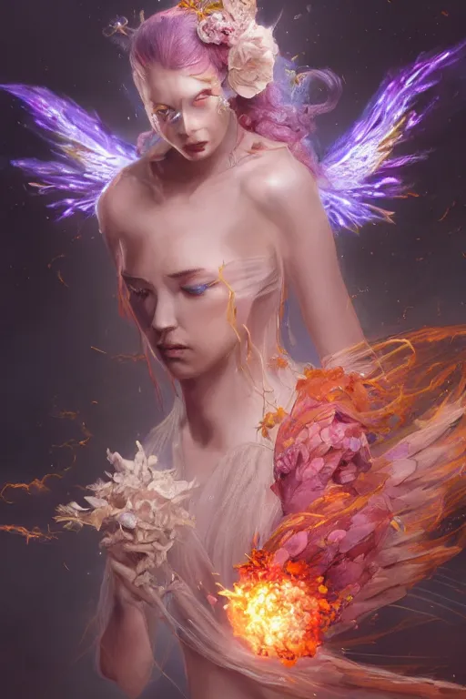 Image similar to beautiful girl necromancer, witch - doctor exploding into flowers fire crystal dress, angels, 3 d render, hyper - realistic detailed portrait, holding electricity and birds, ruan jia, wlop. scifi, fantasy, magic the gathering, hyper detailed, octane render, concept art by artgerm, peter mohrbacher