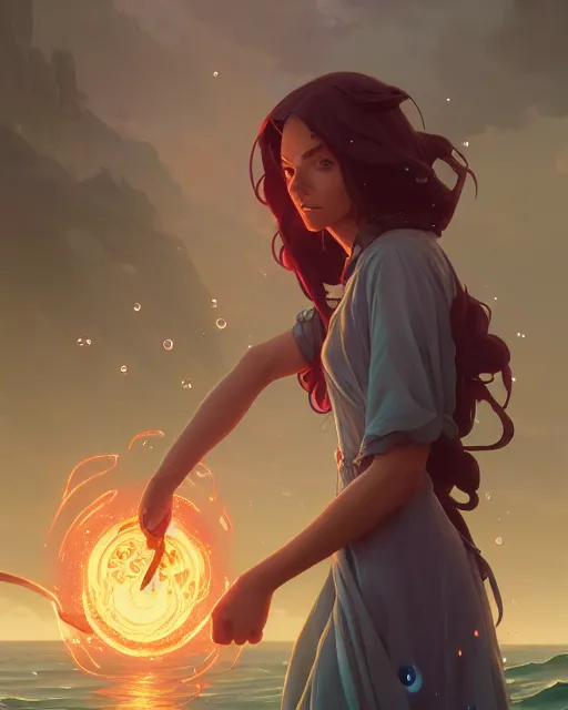 Image similar to highly detailed vfx portrait of a mage casting a water spell, unreal engine, greg rutkowski, loish, rhads, beeple, makoto shinkai and lois van baarle, ilya kuvshinov, rossdraws, tom bagshaw, alphonse mucha, global illumination, detailed and intricate environment