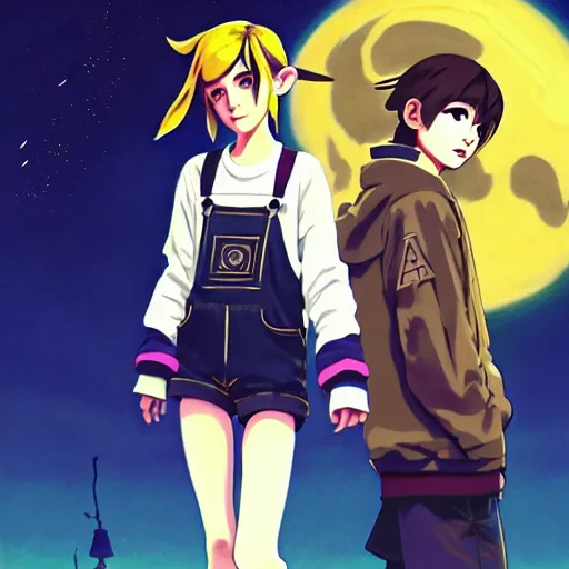 Image similar to beautiful boyish emma watson in majora's mask, wearing oversized mayan bomber jacket with overalls and leotard, bulky poofy bomber jacket with mayan patterns, aztec street fashion, gapmoe yandere grimdark, trending on pixiv fanbox, painted by greg rutkowski makoto shinkai takashi takeuchi studio ghibli, akihiko yoshida