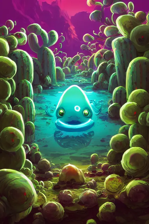 Image similar to roots cactus sushi cristal smurf ghost creature animal sushi cristal very big eye roots cactus elemental flush of force nature micro world fluo fishscale, behance hd by jesper ejsing, by rhads, makoto shinkai and lois van baarle, ilya kuvshinov, rossdraws radiating a glowing aura global illumination ray tracing hdr