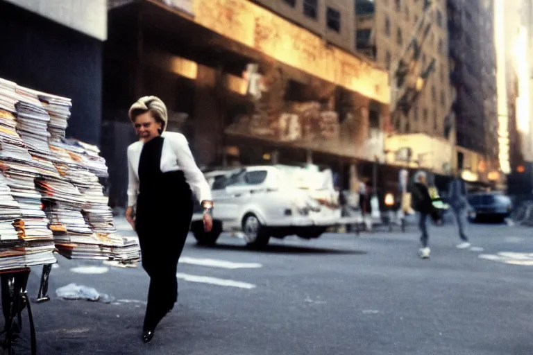 Image similar to closeup potrait of Hillary Clinton leaving behind a trail of envelopes in a new york street, screen light, sharp, detailed face, magazine, press, photo, Steve McCurry, David Lazar, Canon, Nikon, focus