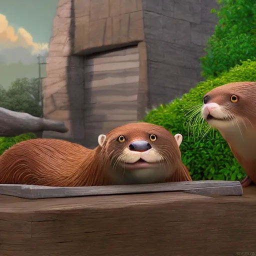 Image similar to character set, concept art, otters playing, 3 d render, pixar, dreamworks,