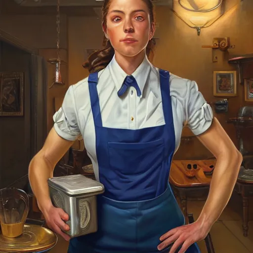 Prompt: epic portrait an muscular waitress wearing short sleeved uniform and carrying electronics, detailed, centered, digital painting, artstation, concept art, donato giancola, Joseph Christian Leyendecker, WLOP, Boris Vallejo, Breathtaking, 8k resolution, extremely detailed, beautiful, establishing shot, artistic, hyperrealistic, beautiful face, octane render