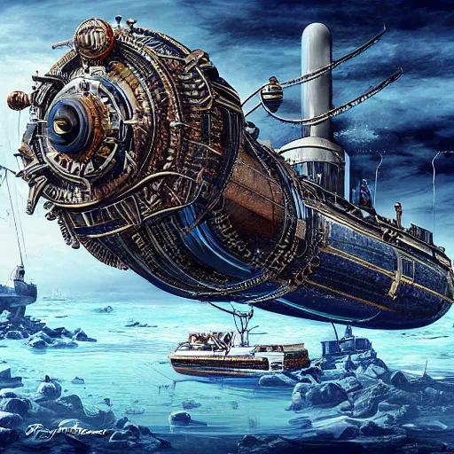 Image similar to barotrauma submarine being attacked by crawlers under the europa ice, hyper realism, ornate intricate details, high detail, steampunk, 4K, deep aesthetic, rich colors, variations,