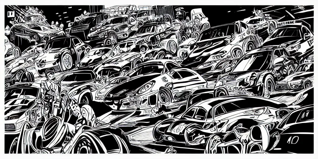 Image similar to ink lineart drawing of a car race, chinese brush pen illustration, cartoon style, anime, deep black tones, coloring book, contour