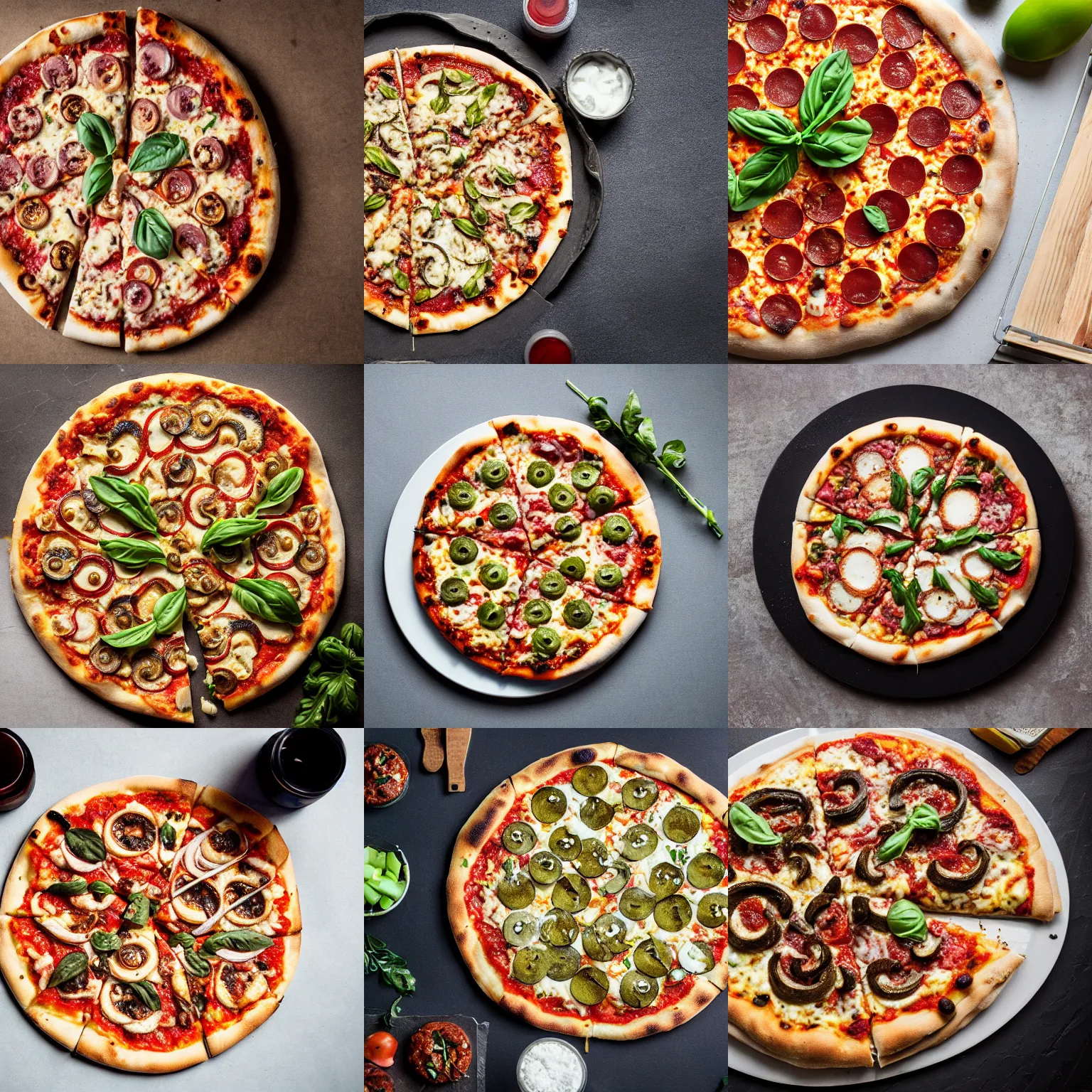 Prompt: a lamprey pizza, on a table, professional food photography