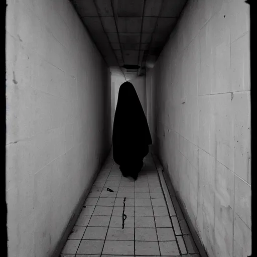 Prompt: black and white tri - x photograph of a hooded figure caught in the hallway of a rotting abandoned brutalism structure