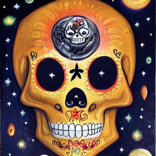 Image similar to a character portrait of a being with a fox sugar skull face, themed on the stars and moon, painting by jeff easley