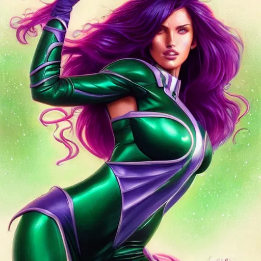 Image similar to ultra realistic illustration, bella thorne as megan fox as starfire anime with glowing green eyes, intricate, elegant, highly detailed, digital painting, artstation, concept art, smooth, sharp focus, illustration, art by artgerm and greg rutkowski and alphonse mucha