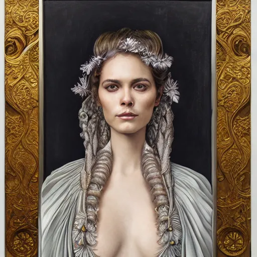 Image similar to facial portrait of a young pretty woman in flowing dress, arrogant, mysterious, long fine flowing hair, delicate, looking at camera, slightly awkward smile, realistic face, hands behind back, intricate, stylish, elegant, grimdark fantasy, flowers, extremely detailed painting by Martine Johanna and Ernst Haeckel and Greg Rutkowski