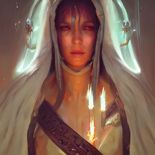 Image similar to a hyperrealistic acrylic painting of a beautiful alien priestess in the style of WLOP and Greg Rutkowski. Epic fantasy art.