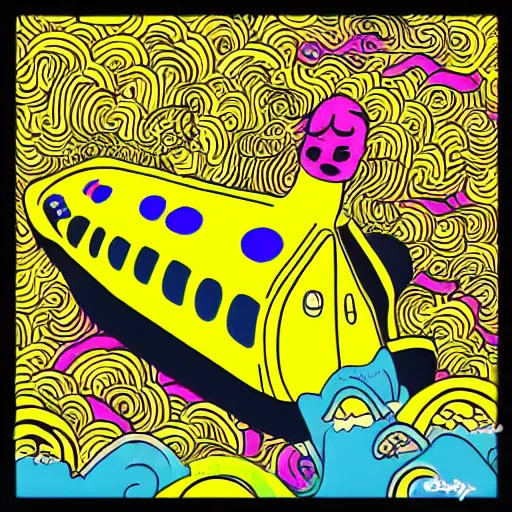 Image similar to we all live in a yellow submarine, drawing style, the beatles, psychedelic yellows