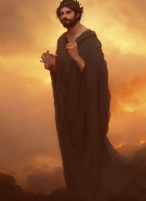 Image similar to oil painting of a handsome young man with dark hair, wearing a crown of fire!! at sunset, and a long cloak, hazy, digital art, chiaroscuro, artstation, cinematic, golden hour, digital art painting by greg rutkowski, william - adolphe bouguereau, hazy atmosphere, cinematic lighting