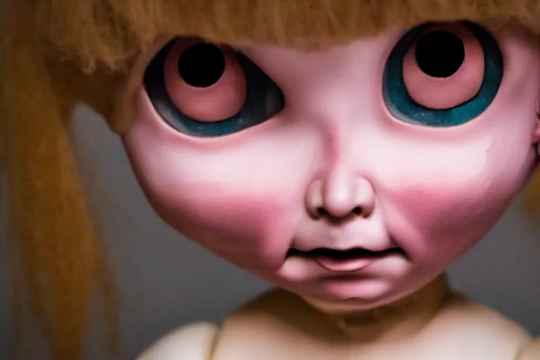 Prompt: a creepy doll with very human eyes staring out at the viewer, horror movie