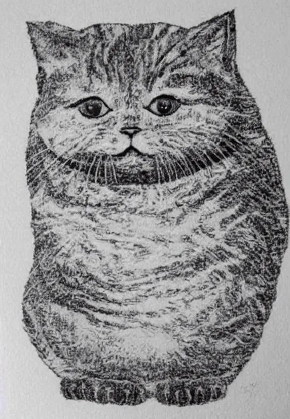 Image similar to woodblock etch of the most chubby cute cat ever, this cute chunky monster has rolls, epic cat