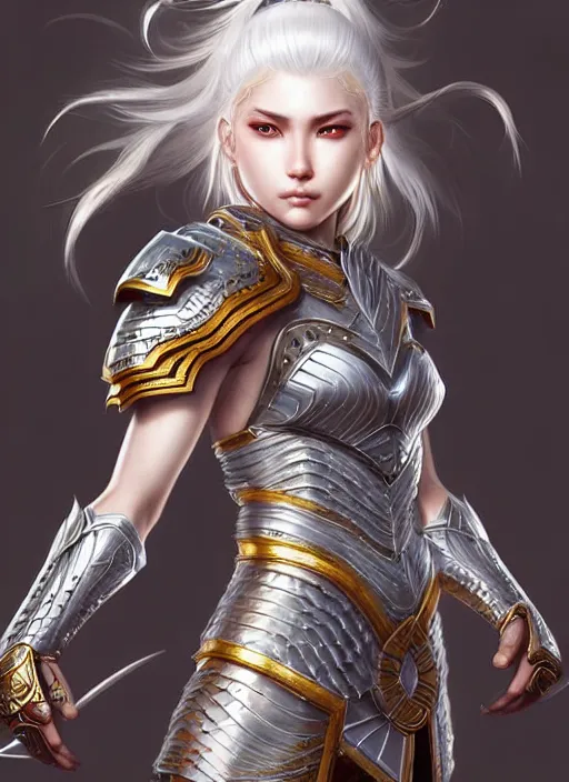 Image similar to warrior, intricate ornate opal heavy armor!!! beautiful and athletic white hair female!! gorgeous face and eyes!! character concept art, sharp focus, octane render! unreal engine 5! highly rendered!! trending on artstation!! detailed linework!! illustration by artgerm, wlop, and chie yoshii