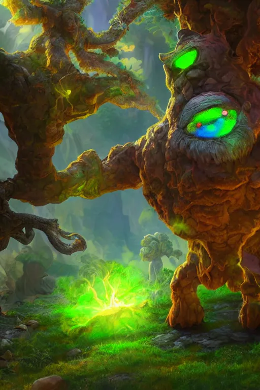 Image similar to arcane fantasy art giant golem elemental wood rock bastion forged gemstone enchanted forest troll, global illumination ray tracing hdr fanart arstation by sung choi and eric pfeiffer and gabriel garza and casper konefal lisa frank zbrush central hardmesh radiating a glowing aura